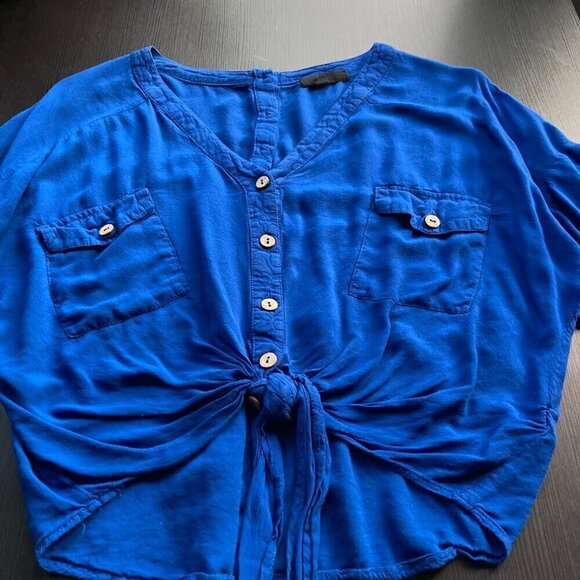 MINE =COBOLT BLUE button down tie front short sleeve shirt Oversized size small - Picture 7 of 10